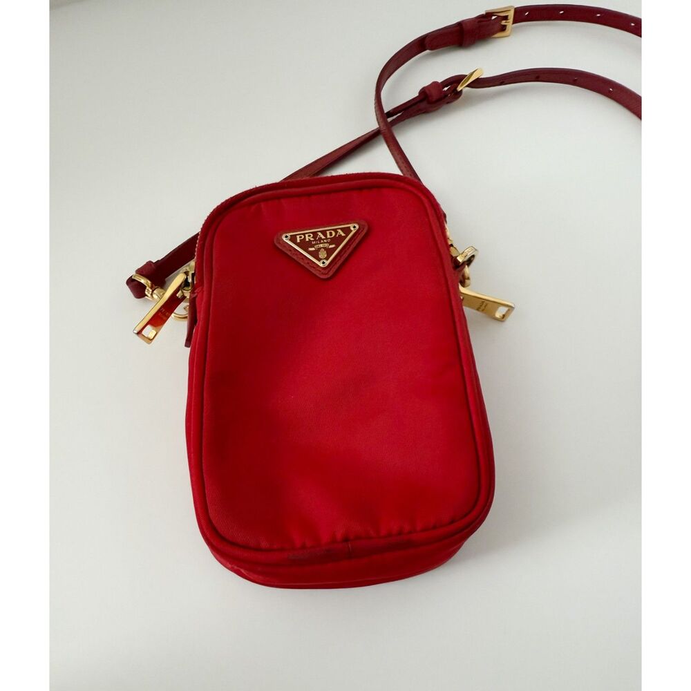 Prada Tessuto Double Zip Phone Case Crossbody Bag Red Nylon Mini Bag Authentic - Picture 3 of 8